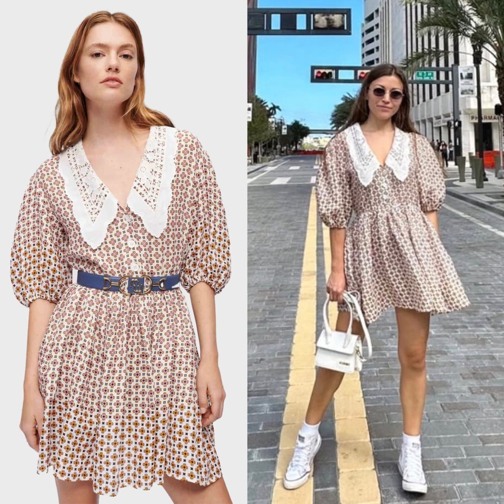 MAJE Lace Collar Tile Print Linen Puff Sleeve Cottagecore 70s Babydoll Dress‎ 6 - Picture 3 of 16
